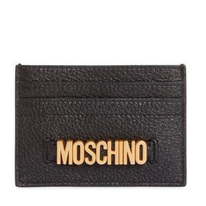 MOSCHINO Logo Leather Card Case, Designer Italian Luxury Wallet, Black Gold, NWT